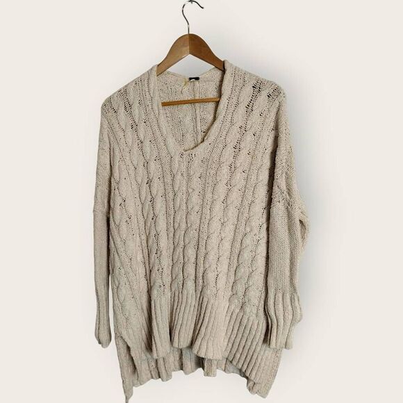 Free People Womens Sweater Sz Small Cotton Cable Knit Vneck Slouchy Oversized - Picture 10 of 12